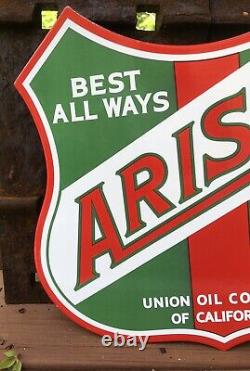 Vintage Aristo 13,5 Porcelaine Sign Station D'essence Double Sided Flange Union Oil
