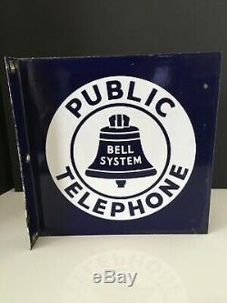 Vintage De Bell Système Téléphonique Public Porcelain Double Face Flanged Signe 11x11