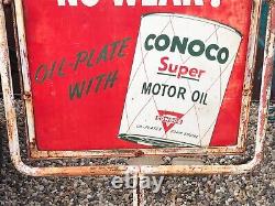 Vintage Double Face Conoco Curb Signer Dans Le Cadre Et La Base D'origine Super Motor Oil