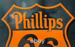 Vintage Double Face Phillips 66 Porcelaine De Gaz Et D'huile Signe Émail