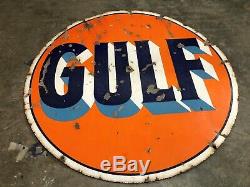 Vintage Gulf 42 Pancarte De Métal Antique Double Face Garage Cave Man Porcelaine