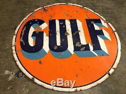 Vintage Gulf 42 Pancarte De Métal Antique Double Face Garage Cave Man Porcelaine