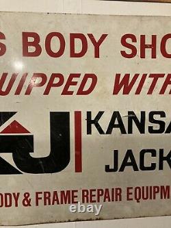 Vintage Kansas Jack Body Shop Panneau 36x24 Double Côté Garage En Métal 1970s Rare