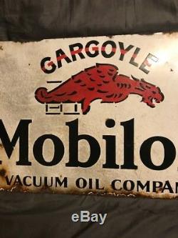 Vintage Orig. Plaque Signalétique À Rebord En Porcelaine Pour Deux Gargouilles Mobiloil 25,75 X 15,5