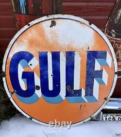Vintage Original Des Années 1940 Gulf Double Sided Porcelain Sign 42 Gas Station Huile