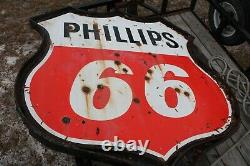 Vintage Phillips 66 Porcelaine Double Signe Latéral Avec Cadre Et Pole 6 Pieds De Large