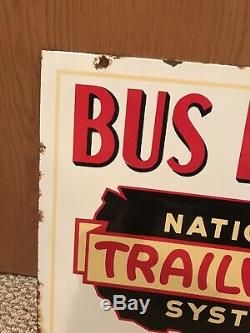 Vintage Porcelain Double Face Trailways Bus Stop Rare Signe D'origine Ancienne Auto