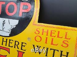 Vintage Shell Arrêtez-vous ICI À Double Face Émail Signe Automobilia Huile Moteur Essence