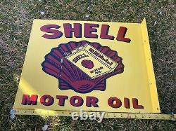 Vintage Shell Motor Oil 19 Porcelaine Métallique Essence Panneau Double Face Plaqué