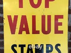 Vtg 1960 Top Value Timbres Panneau Publicitaire Métal Double Face 28 Country Store