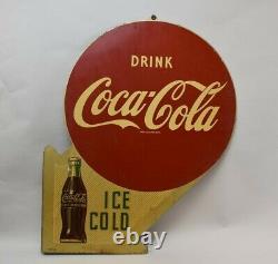 Vtg Boissons Coca-cola Glace Froide Double Côté Plaque Métallique Station D'essence A-m 7-54