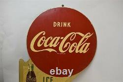 Vtg Boissons Coca-cola Glace Froide Double Côté Plaque Métallique Station D'essence A-m 7-54