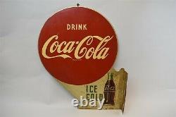 Vtg Boissons Coca-cola Glace Froide Double Côté Plaque Métallique Station D'essence A-m 7-54