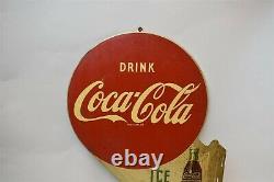 Vtg Boissons Coca-cola Glace Froide Double Côté Plaque Métallique Station D'essence A-m 7-54
