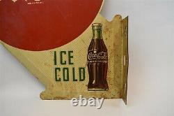 Vtg Boissons Coca-cola Glace Froide Double Côté Plaque Métallique Station D'essence A-m 7-54
